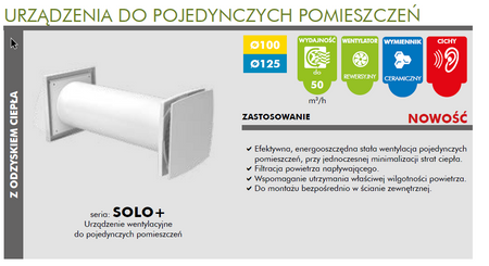 Rekuperator Ścienny SOLO+ 125 mm VENTS z pilotem