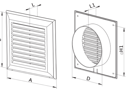 Kratka wentylacyjna 140x140 mm z siatką i kołnierzem prostokątnym 100x100 mm.  