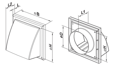 Wylot ścienny 154x154 mm z zaworem zwrotnym, okapem i kołnierzem  Ø 100 mm, biały