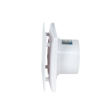 Wentylator łazienkowy Berger Ventilatoren, cichy fi 100 z  panelem przednim białym i klapą zwrotną.