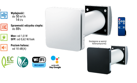 Rekuperator ścienny VENTO INHOME sterowanie WI-FI z odzyskiem ciepła  Biały